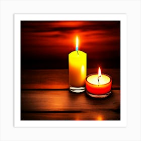 candles on a wooden table with a sunset in the background, Candles On A Wooden Table Art Print