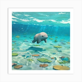 Baby Manatee Taking A Swim Tiny World Environmental Art print 1 Art Print