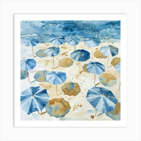 Blue Umbrellas On The Beach 2 Art Print