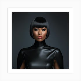 A Sexy Black Woman In A Wearing Shoulder Black Latex Dress With A Bob Haircut Portrait Mode - Created by Midjourney Art Print