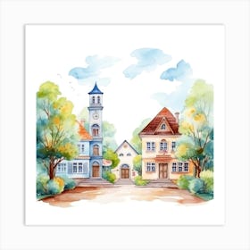 Watercolor House With Clock Art Print