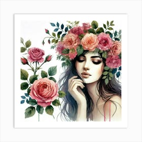 woman portrait with flowers head crown 2 Art Print