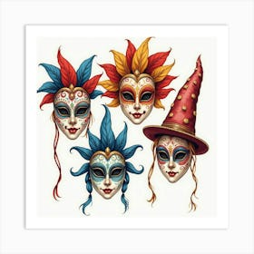 Spanish Carnival Masks Illustrated In Bright Watercolor Tones Art Print