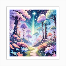 A Fantasy Forest With Twinkling Stars In Pastel Tone Square Composition 221 Art Print