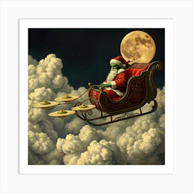 Alien Santa Claus Flying over Clouds Art Print