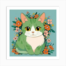 Green Cat With Flowers 1 Art Print