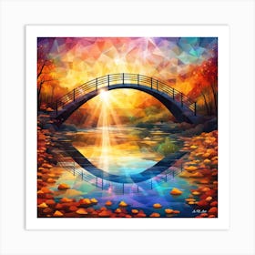 Autumn Landscape With A Arch Bridge Over A River As Aflat Style Color Illustration And Crystal Elements Art Print