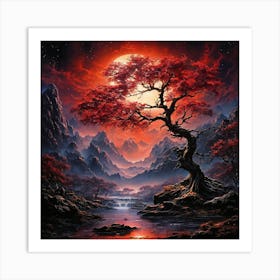 Red Tree In The Moonlight Art Print