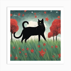 Black Cat In The Grass Art Print