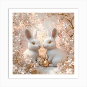 3d Rendering Of Rabbits With Golden And Pink Tones, Surrounded By Flowers And Cherry Blossoms, Easter Theme, Easter Background, Easter Decoration, Digital Art, Illustrations, Cute Style, High Resolution, Detailed Textures, Sof Poster