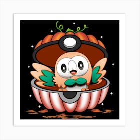 Rowlet In Pumpkin Ball - Pokemon Halloween Art Print