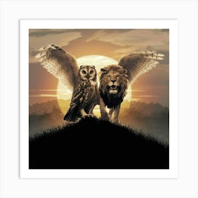 Owl And Lion Art Print