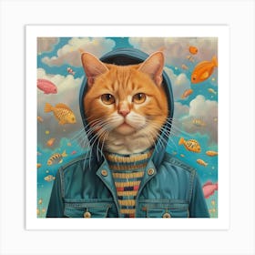 Cat With Fishes Art Print