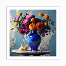 A Modern Still Life with Chrysanthemums and Roses in Pink & Orange Art Print