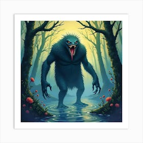 Monster In A Watercolor Swamp, Dark Magic Swirling Around, Vibrant 1 Art Print