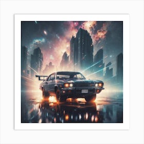 Retro painting of car in big city with neon lights  Art Print