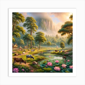 Picturesque And Serene View Of The Vrindavan Forest, Enhanced With The Addition Of Cows And Calves Art Print