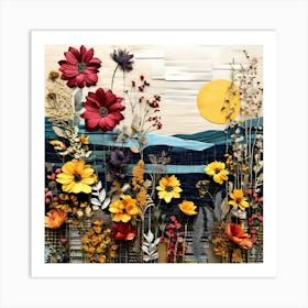 Flowers In The Sky, Design An Eclectic Collage With A Combination Of Fabric Swatches Dried Flowers Art Print