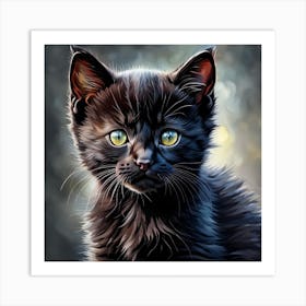 Black Kitten Digital Watercolor Portrait Art Print