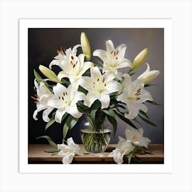 A Still Life Oil Painting Of A Bouquet Of White Lilies In Full Bloom With Soft Diffused Lighting A (1) Art Print