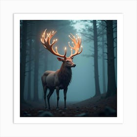 A Deer With Glowing Antlers, Standing Majestically In A Misty, Enchanted Forest Art Print