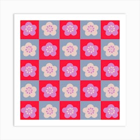 SAKURA CHECKERBOARD Japanese Cherry Blossom Flowers Geometric Checkered Grid in Red Lavender Purple Powder Blue Cream Art Print