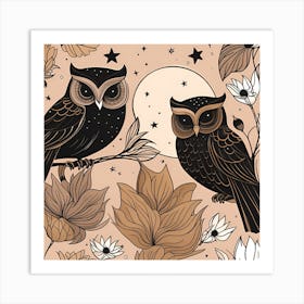 Seamless Pattern With Owls And Flowers Art Print