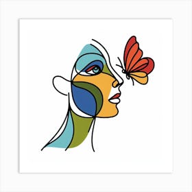 Picasso’s Muse: A Colorful Line Art of a Woman and a Butterfly Art Print