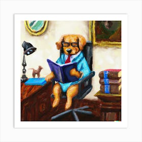 Abstract Oil Painting Dog Lawyer In The Office Reading Art Print