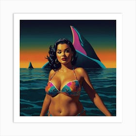 Retro Pop Young Woman with Shark 2 Art Print