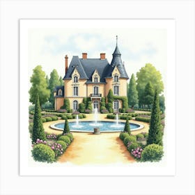 French Chateau In Watercolor Surrounded By Formal Gardens And Fountains 1 Art Print