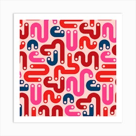 JELLY BEANS Squiggly New Wave Postmodern Abstract 1980s Geometric with Dots in Red Fuchsia Hot Pink Burgundy Dark Blue on Blush Art Print