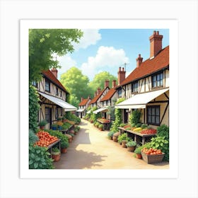 An English Village With A Vibrant Farmer S Market And Local Produce, Watercolor 1 Art Print