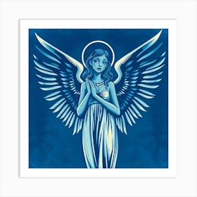 Angel Illustration in Blue Washed Art Print