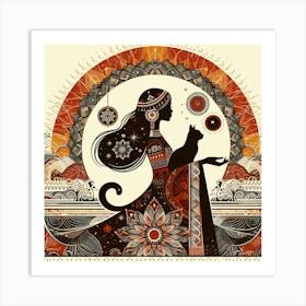 Boho art Silhouette of woman with cat 1 Art Print