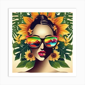 Girl With Sunglasses And Sunflowers Art Print