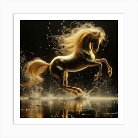 Golden Horse Jumping In Water Art Print