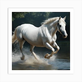 White Horse Running In Water 2 Art Print
