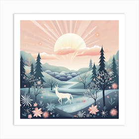 Winter Landscape With Deer 10 Art Print