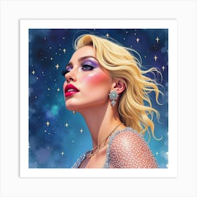 Watercolor Portrait Of Lady Gaga In A Star Studded Sky, With Swirling Cosmic Colors 1 Art Print