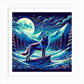 Wolf howling at night in the cold wild nature Art Print