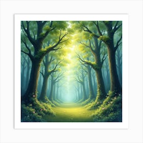 Enchanted Forest With Shimmering Trees, Watercolor 1 Art Print