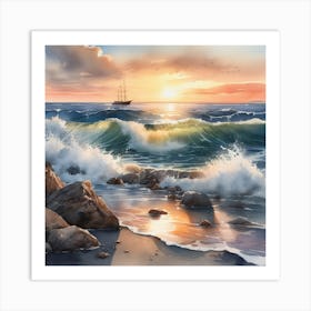 Sea Sunset Watercolor Art Print