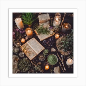 Spellbook and herbs Art Print