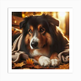 Dog Laying In Autumn Leaves Art Print