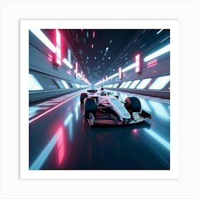 Sleek White Formula Car Zooming On A Futuristic Track Beneath Neon Lights 1 Art Print