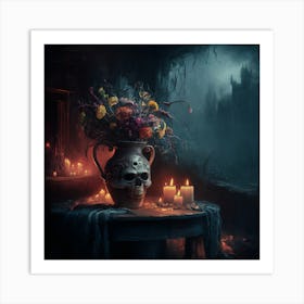 Dark Fantasy Skull Vase and Flowers on rustic table with candles Art Print