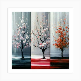 Three different paintings each containing cherry trees in winter, spring and fall 2 Art Print