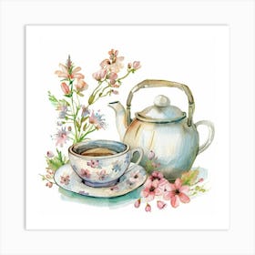 Cute Pastel Floral Watercolor Teapot And Tea Cup Art Print