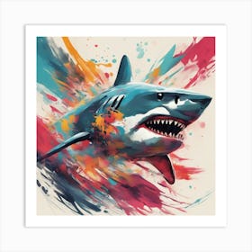 An Abstract Representation Of A Roaring Shark, Formed With Bold Brush Strokes And Vibrant Colors Art Print